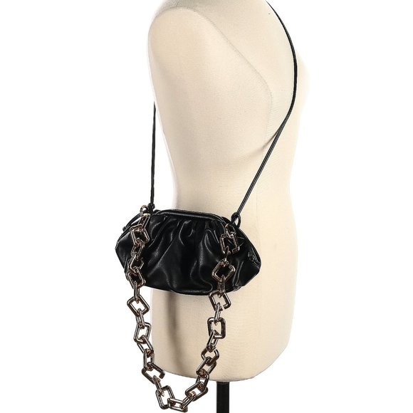 Pleated Leather Dumpling Bag Chunky Chain Crossbody Bag Satchel Black and Gold - Picture 2 of 7